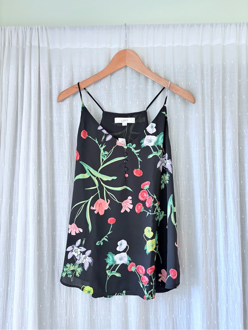 LOFT Black Floral Spaghetti-Strap Cami with Pink & Green Accents